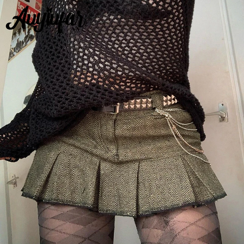

Auyiufar Grunge Fairycore Vintage Pattern Pleated Skirt Elfcore Ruched Zipper Aesthetic Streetwear Punk Mini Skirts Sexy Outfits