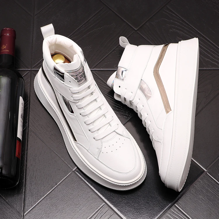 Harga Sepatu Atasan Tinggi Pria Baru Sepatu Kasual Kulit Putih Sepatu Bot Pergelangan Kaki Hip Hop Sneakers Mewah Desain Punk Zapatillas Hombre