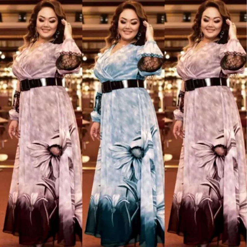

African Dresses For Women Plus Size Full Sleeve Lace Splice V Neck Robes Fashion Floral Print African Maxi Dress Party Vestidos