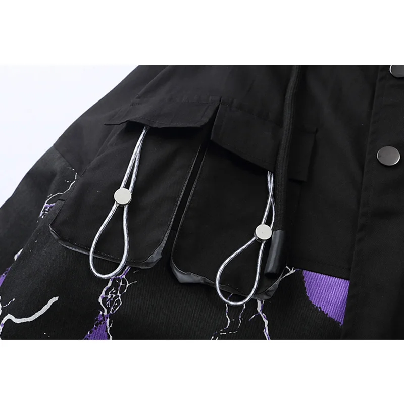 

Aolamegs Purple Lightning Print Cargo Zipper Pockets Winter Jacket Men High Street Hip Hop Fashion Plus Velvet Coats Streetwear