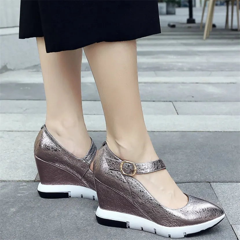 

Women Genuine Leather Wedges High Heel Ankle Boots Female Pointed Toe Fashion Sneakers Ankle Strap Casual Shoes Low Top Trainers