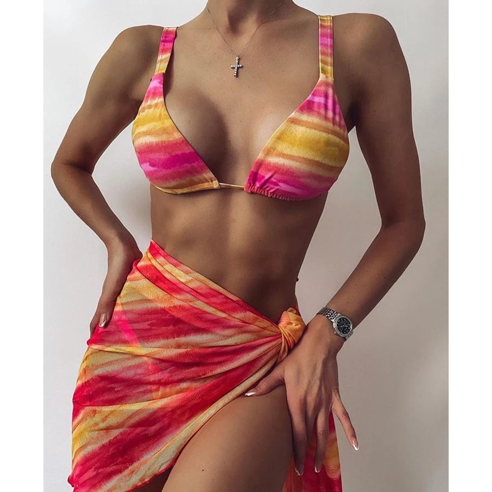

3 Piece Bathing Suit Coverup Swimwear Beach Skirt Cover Up Beach Wear 3 Piece Bikini Set High Waisted Swimsuit
