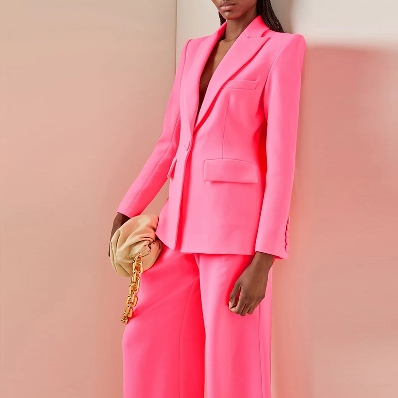 HIGH QUALITY New 2022 S/S Designer Runway Suit Set Women Single Button Slim Fit Blazer Suit Flare Pants Two pieces set Hot Pink