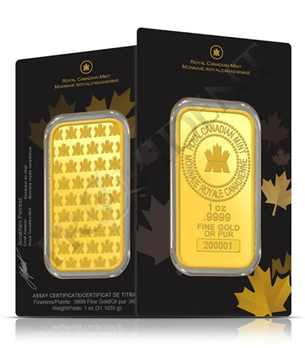 

1 OZ Canadian Maple Leaf Gold Bar Bullion. Gold-plated In Dependent Serial Number Acrylic Sealed Packaging Without Magnetism