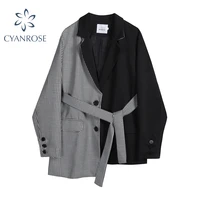 women irregular blazer coats with belt 2021 autumn korean plaid patchwork streetwear single breasted long sleeve lady suit coats