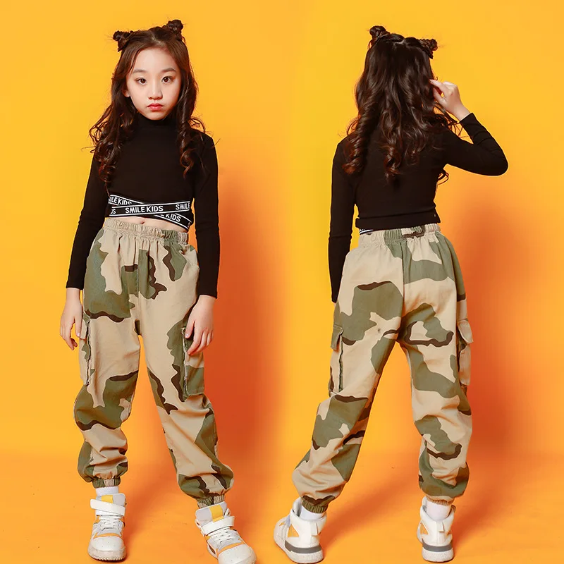 

Kid Hip Hop Clothing Crop Top Long Sleeve T Shirt Camouflage Streetwear Tactical Cargo Pants for Girl Dance Costumes Clothes