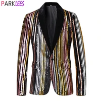 mens shining striped sequin party blazer jacket stylish shawl collar one button stage mens suits jackets dinner tuxedo blazer
