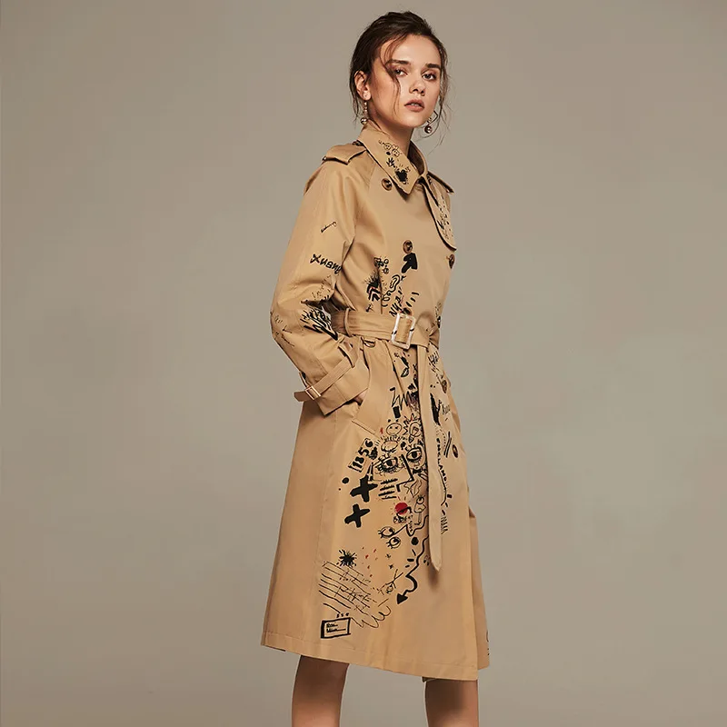 

WQJGR 2021 Autumn And Winter Trench Coat Women Long Sleeve Printing Windbreaker Trench Femme