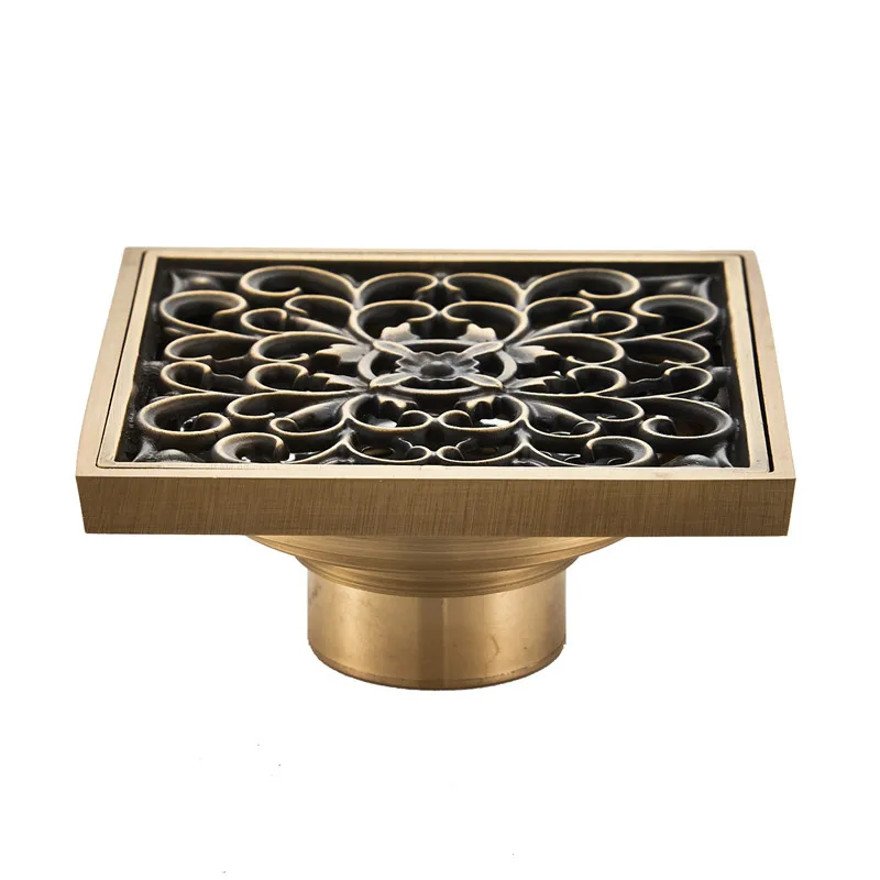 

10cm Euro Style Antique Brass Flower Art Carved Euro Floor Drains Square Floor Drain Strainer Bathroom Deodorant Floor Drain