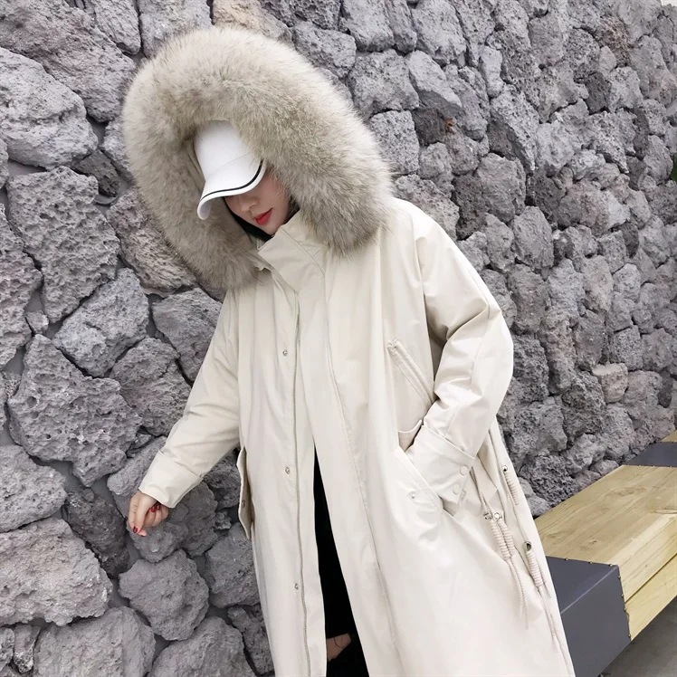 Белая куртка на гусином пуху для женщин новое зимнее пальто для женщин с воротником из меха енота Корейская куртка-пуховик женская теплая парка 098 YY1653
