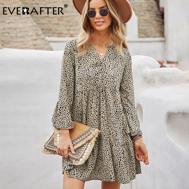 

EVERAFTER Women Leopard Print Dress Autumn Vintage Long Sleeve A-line V-neck Button Ruffled Loose High Waist Office Lady Dresses