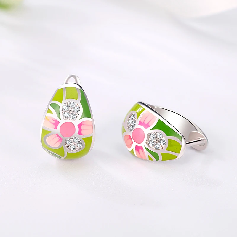 Женские серьги с розовой эмалью из серебра 2020 пробы цветком персика и цирконием