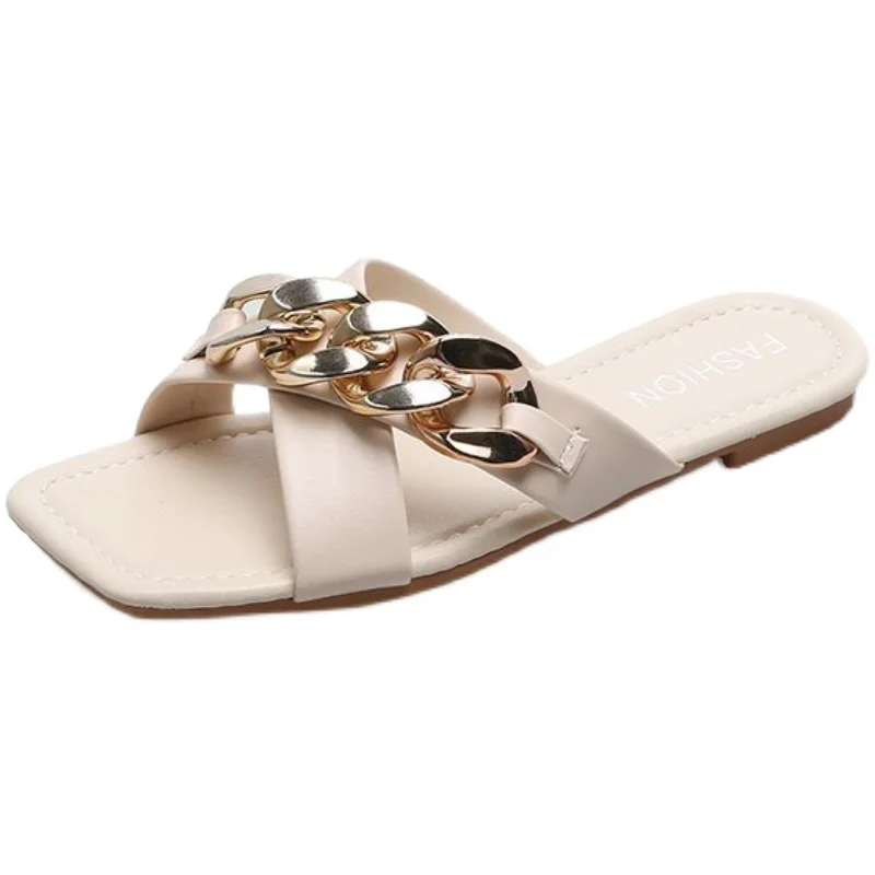 

Shoes Ladies' Slippers Luxury Slides Rivet Slipers Women Square Toe Shale Female Beach Designer Flat 2021 Soft Sabot PU Rome Rub