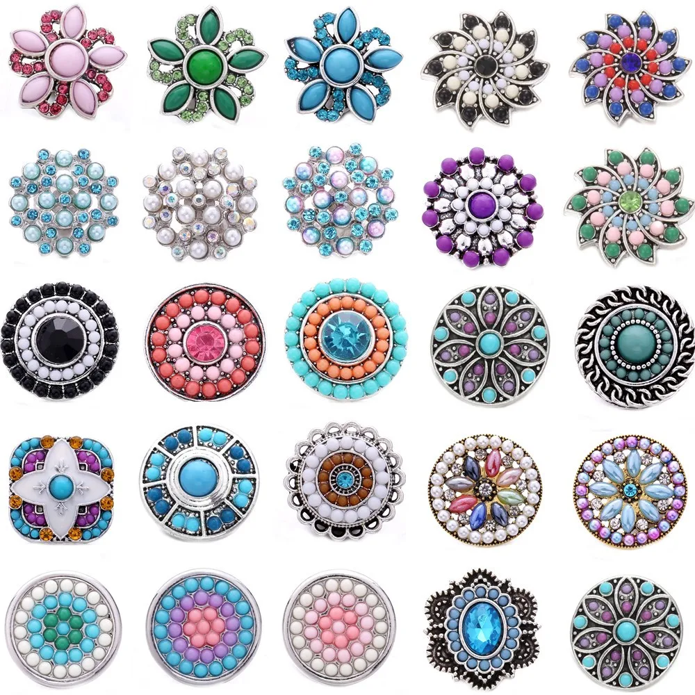 

5pcs/lot New Snap Jewelry Natural Stone Mini Beads Vintage Round Flower Snap Buttons Fit 20mm 18mm Snap Bracelet Bangle Necklace