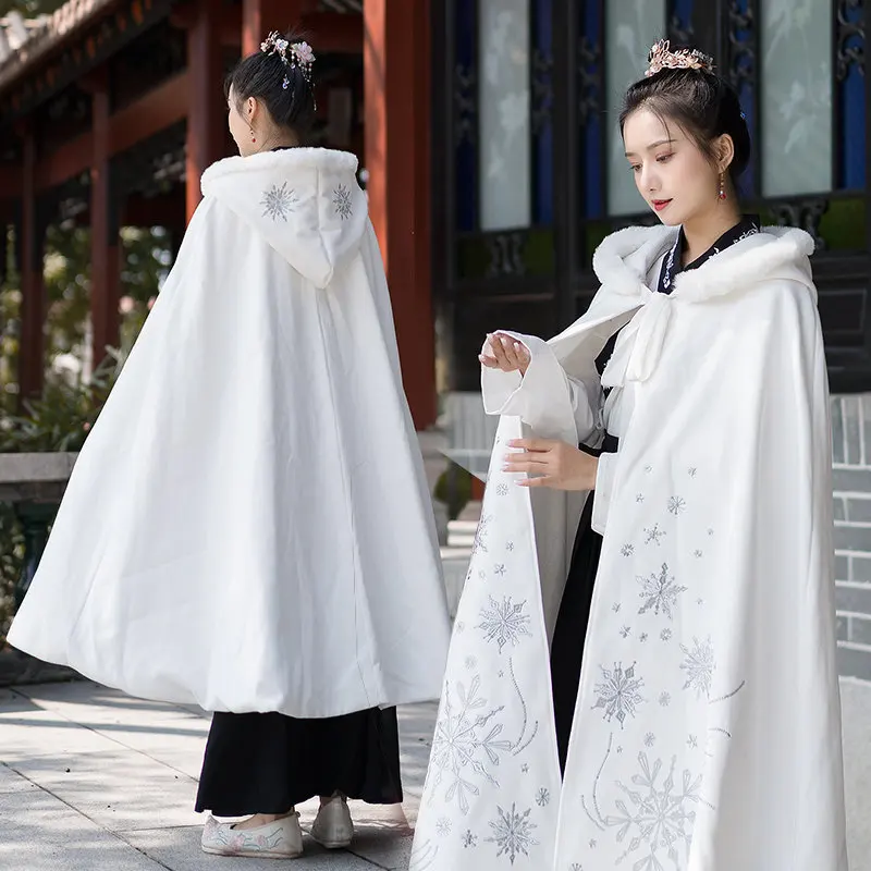 

Hanfu Female Winter Double Noodles Traditional Embroidery White Snowflake Plus Velvet Warm Female Cloak Autumn and Winter Style