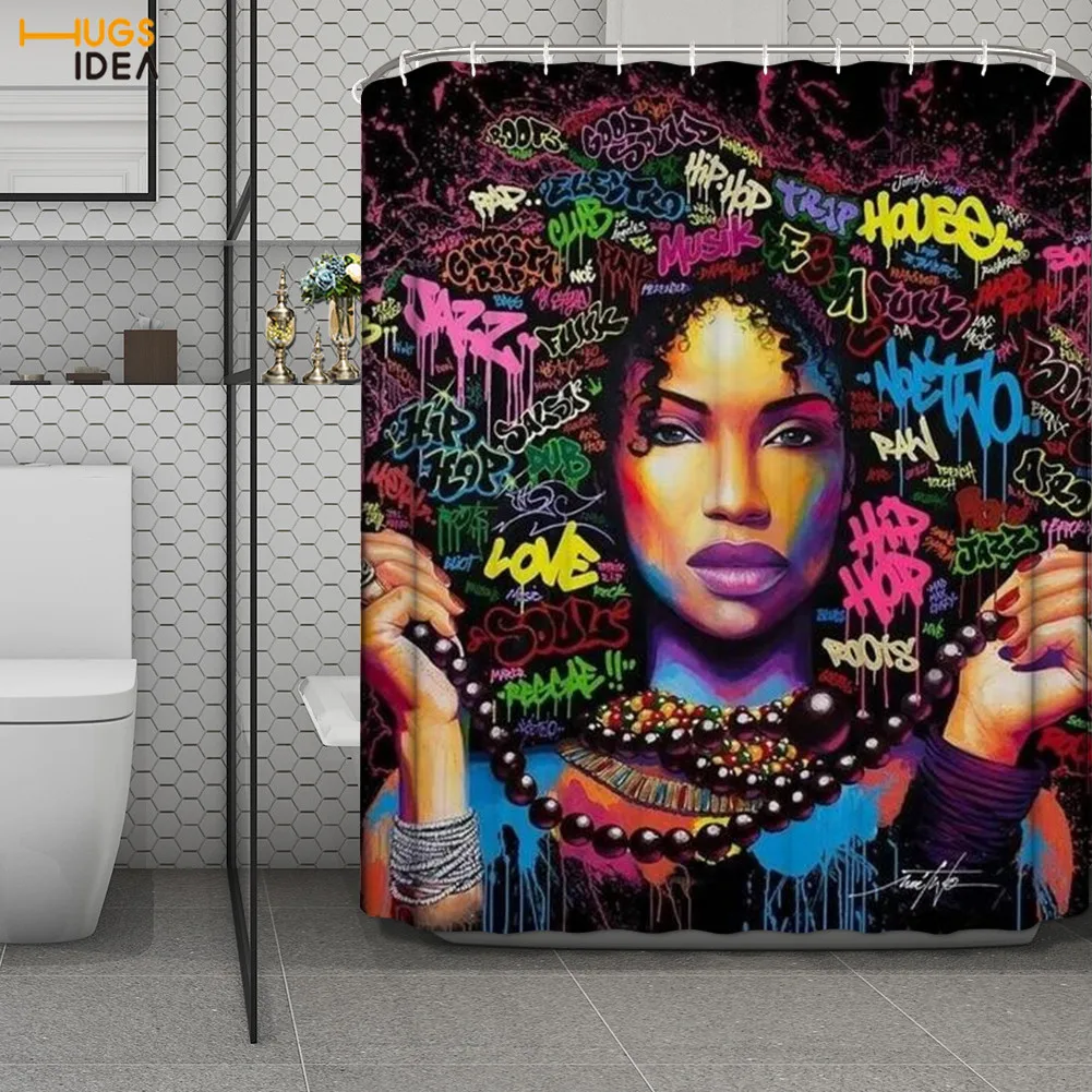 

HUGSIDEA African Black Women Hair Art Pattern Shower Curtain Water Mold Proof Modern Home Decor Custom Bath Curtains with Hook