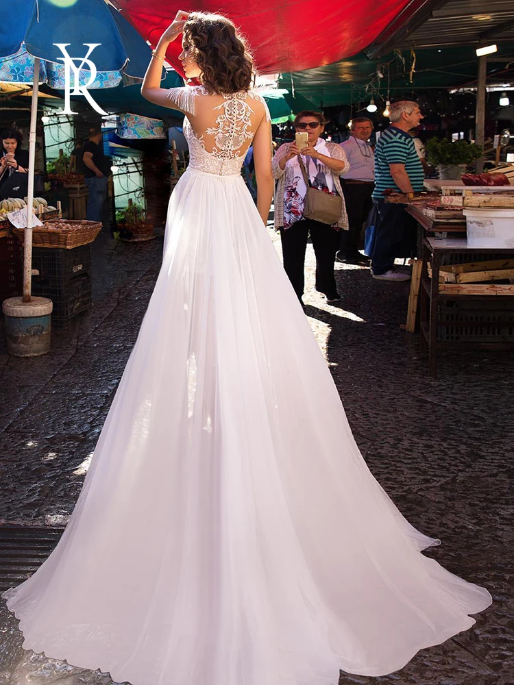 

YILIBER New simple wedding dress backless sleeveless design chiffon lace bride dresses princess dress plus size tailor-made