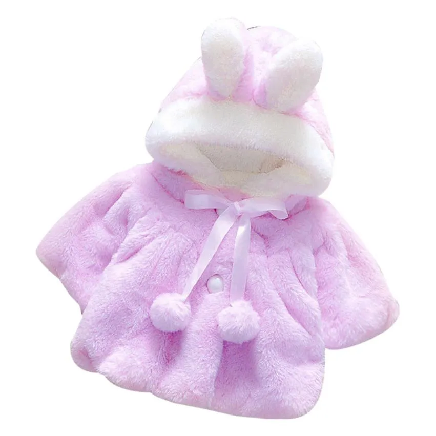 Purple Новинка 2019года; шубка на меху для маленьких девочек; зимняя куртка-накидка для младенцев; плотная теплая одежда; Верхняя одежда с капюшоном с милыми заячьими ушками; парка с мехом - Цвет: Purple