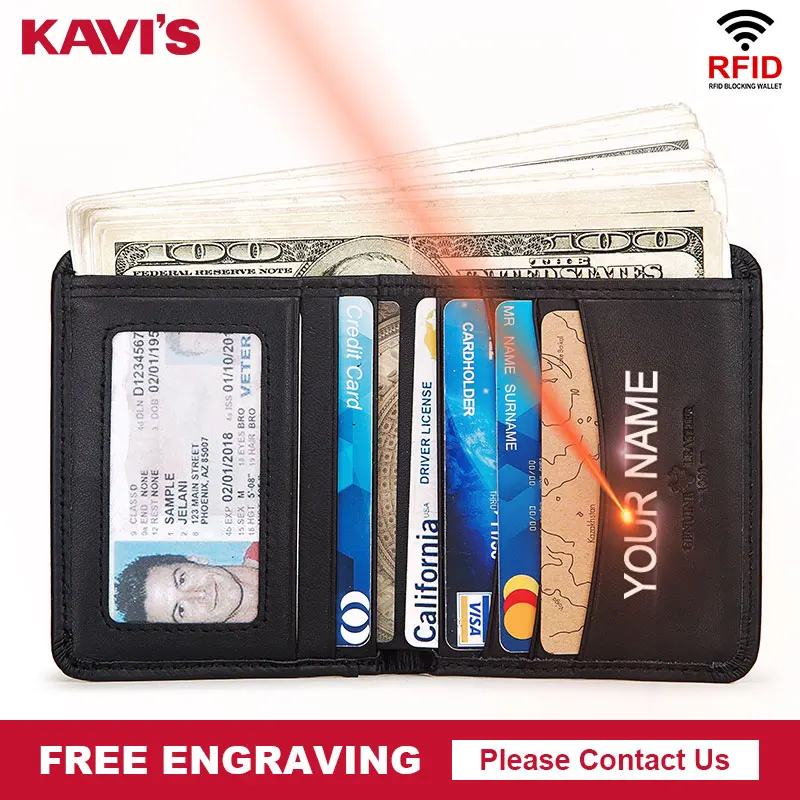 KAVIS Бесплатная гравировка 100% натуральная кожа мужские кошельки с карманом для