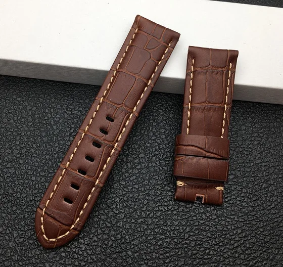 Brown beige line 22 мм 24 мм 26 мм черный коричневый синий зеленый серый белый Италия телячья бамбуковая кожа ремешок для Panerai ремешок Ремешок пряжка с язычком - Цвет ремешка: Brown beige line