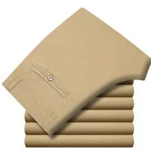 Primavera verão fino terno calças homens meia idade calças de algodão cintura alta em linha reta solto sólida negócio casual pai (3)