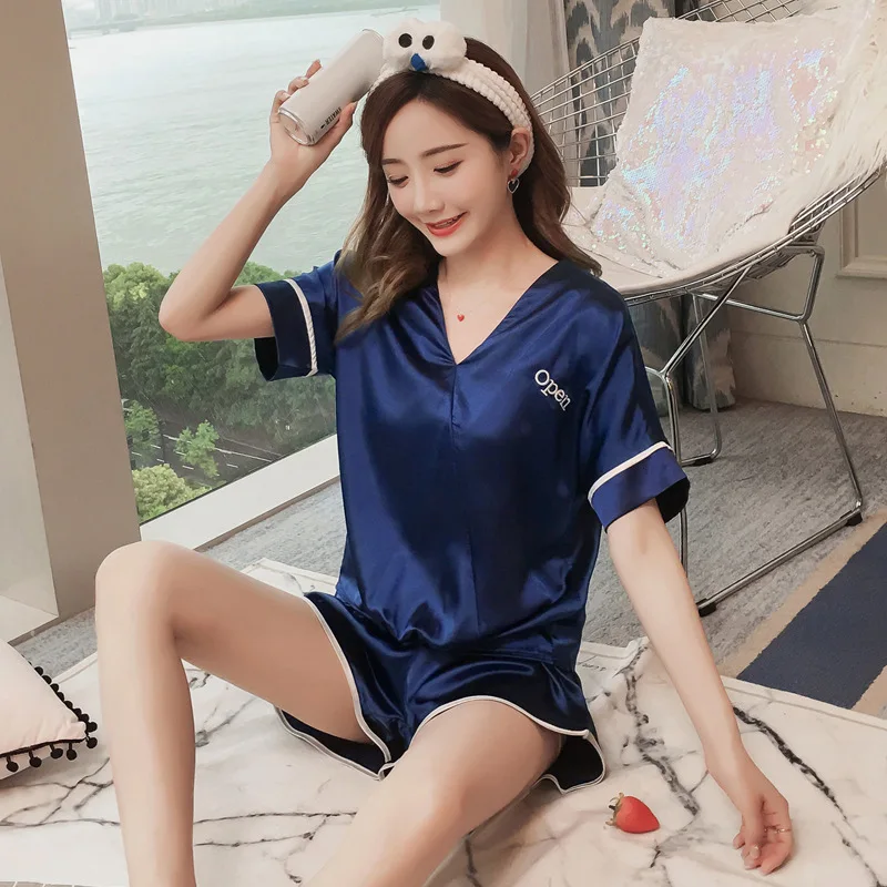 

Pajamas Women Summer Thin Sexy V-neck Sleepwear Short Sleeve Shorts Casual Loose Home Service Two-piece Simple Underwear Pijama