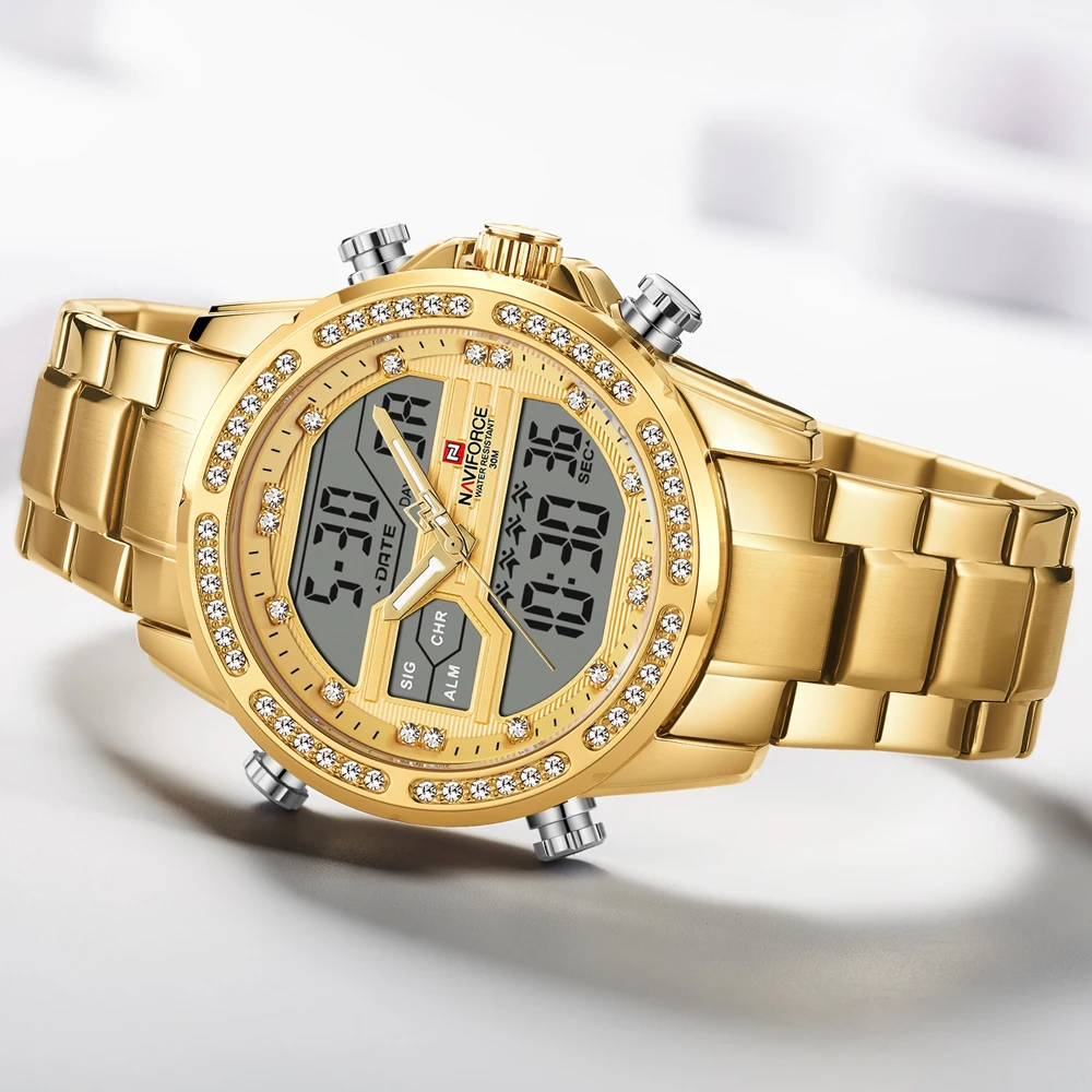

NAVIFORCE Men Watches Stainless Steel Strip Brand Luxury Sport Date Quartz Wrist Watch Relogio Masculino Golden Man Clock