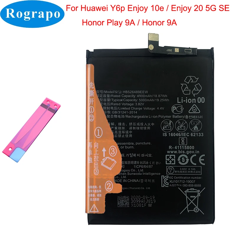 Original nuevo 5000mAh HB526489EEW de la bater&iacute;a del tel&eacute;fono para Huawei Y6p disfrutar 10e 20 5G SE Honor 9A jugar Play9A-0