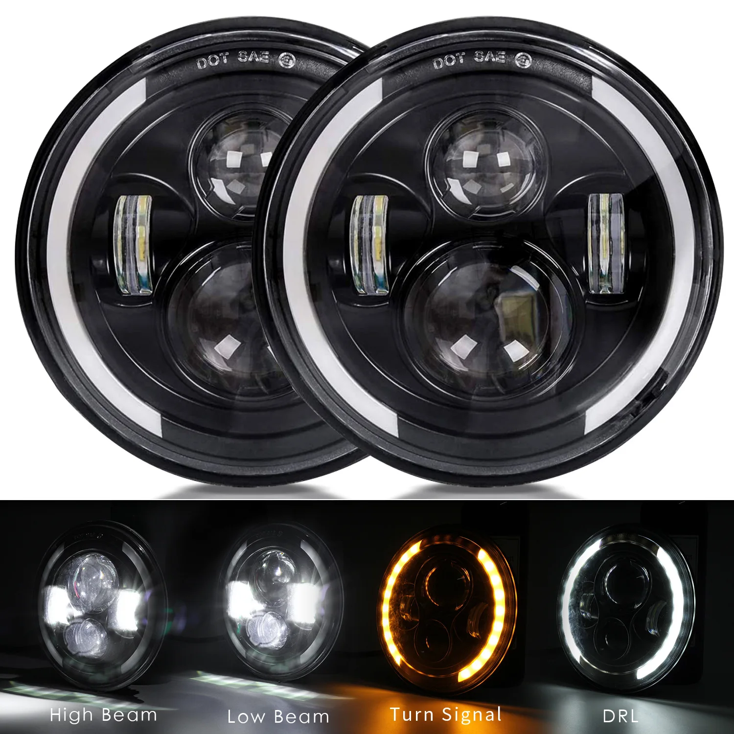 

7Inch LED Headlights DRL Hi/Lo Beam 100W Halo Ring Amber Angel Eye For Niva Car Motorcycle Lada Offroad 4x4 UAZ 12V 24V