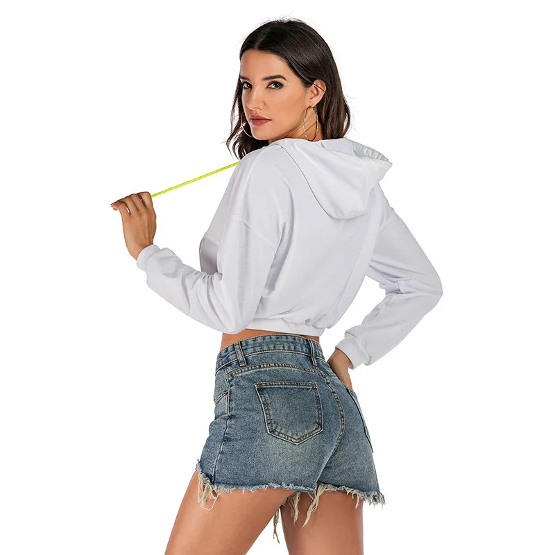 

Cross-border Pure Color Paragraphs Short Thin Fleece Female Hooded Midriff Long-sleeved Europe And The United States