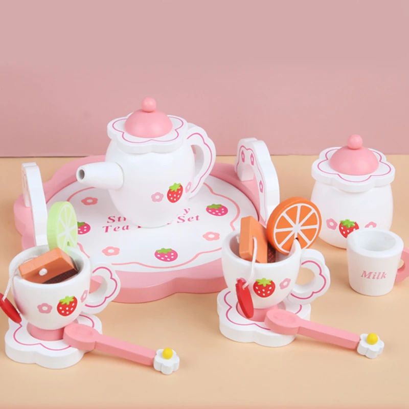 

Игрушки для девочек, имитация деревянных кухонных игрушек, инструменты для раннего развития ребенка, пазл, посуда, подарок, розовый чайный н...