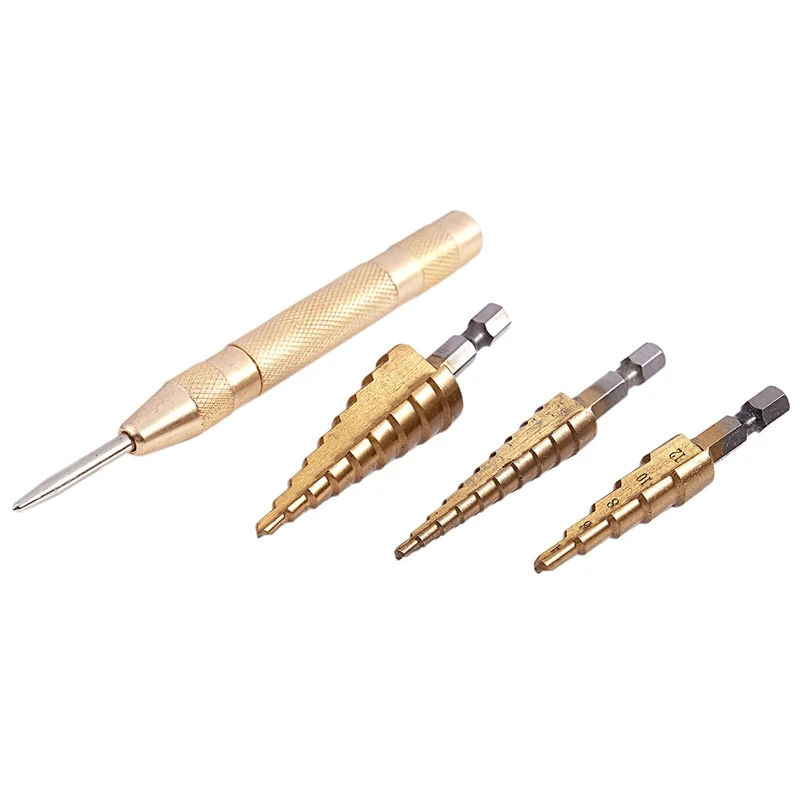 

TOP 3 pcs HSS Titanium Step Drill Bit Set & 1 pcs Automatic Center Punch
