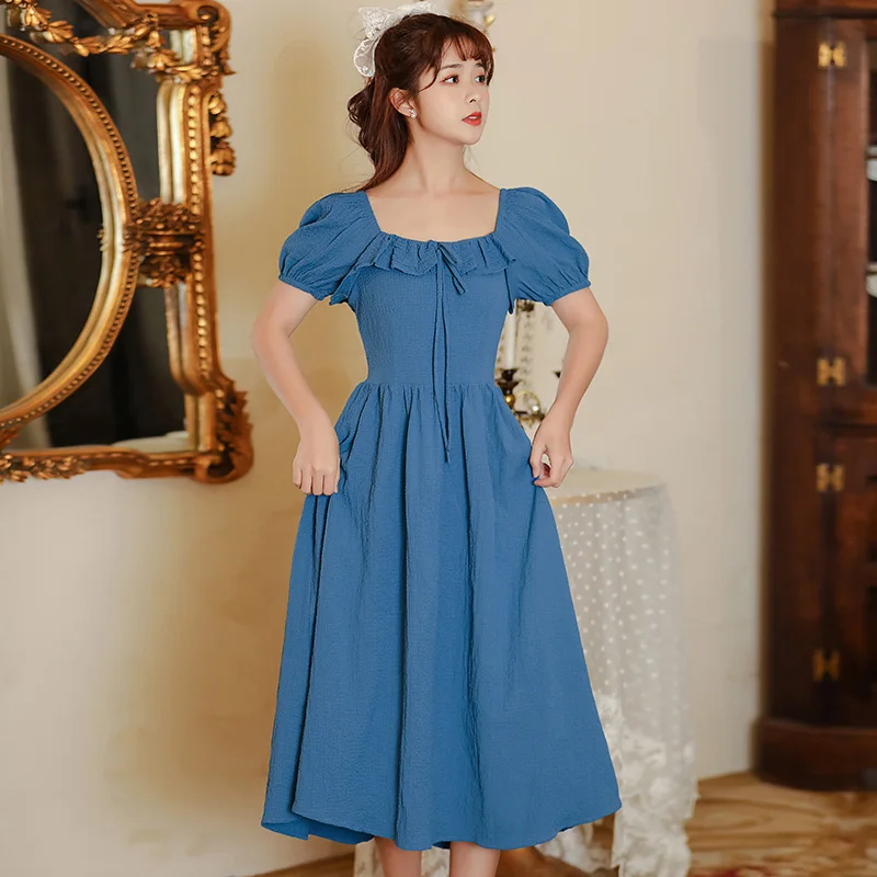 

COIGARSAM French Style Women Long dress Summer Vintage Puff Sleeve Square Collar Dresses White Blue 6423