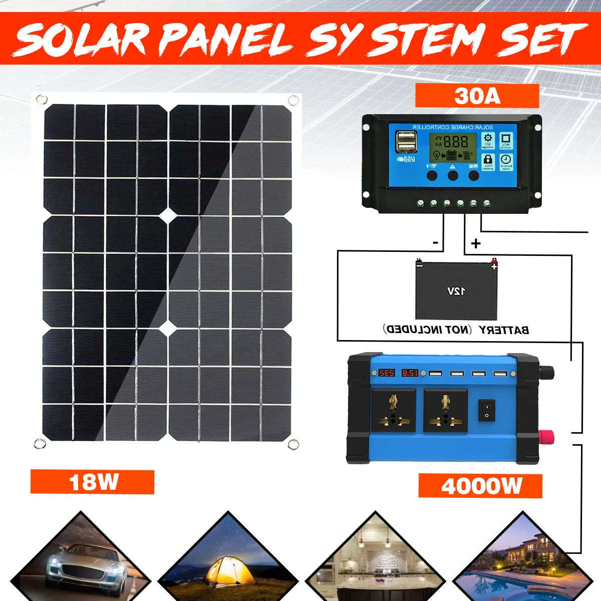 

12V Solar Panel System 18V Solar Panel 30A Charge Controller 4000W Solar Inverter Kit Complete Power Generation System Set