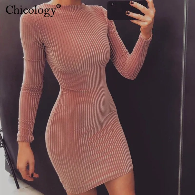 Chicology Блеск Длинные рукава элегантное ребристые Мини платье для женщин bodycon
