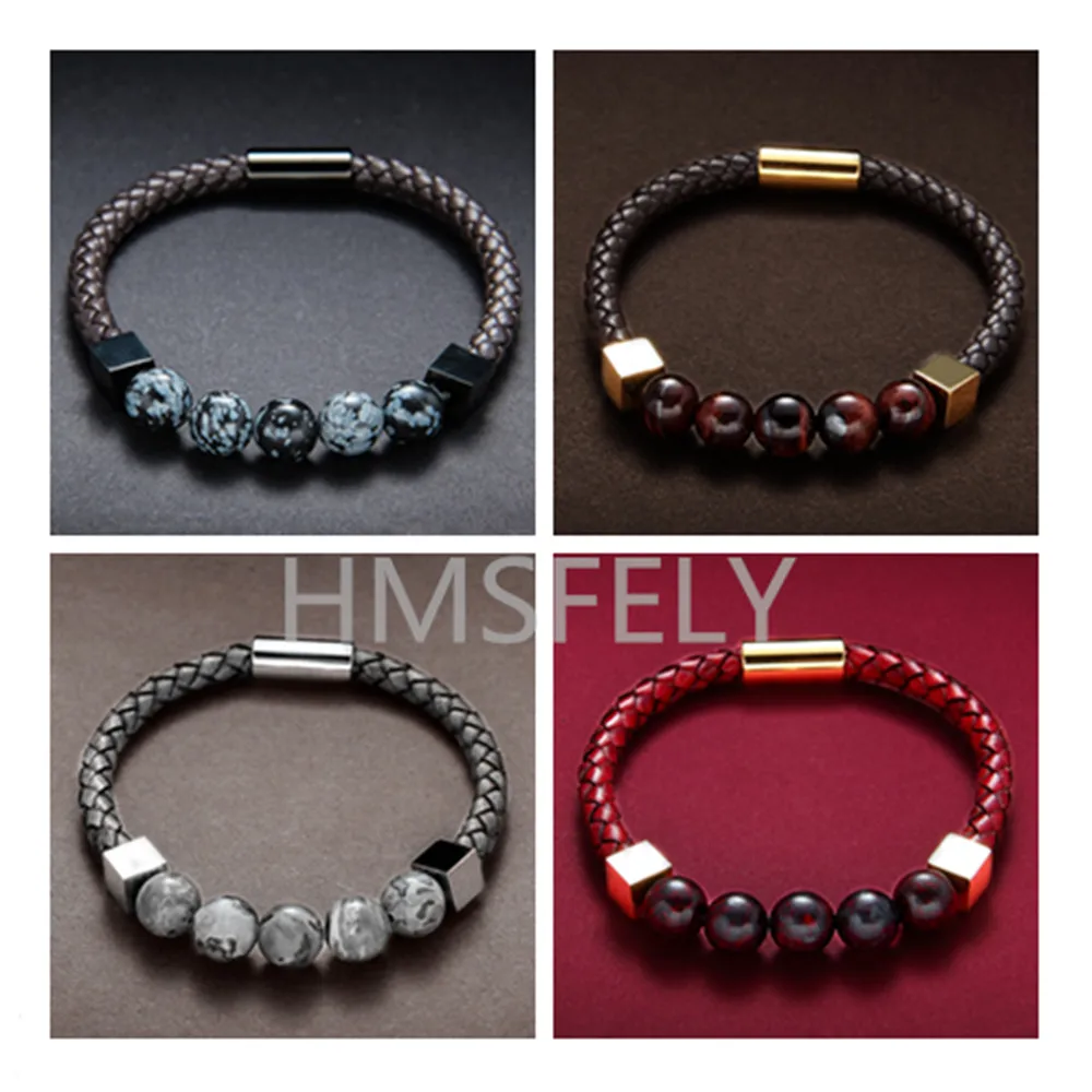 

HMSFELY Luxury Fashion Men Beaded Black Leather Bracelet Jewelry Braided Rope Stainless Steel Magnetic Bracelets Bangles For Men