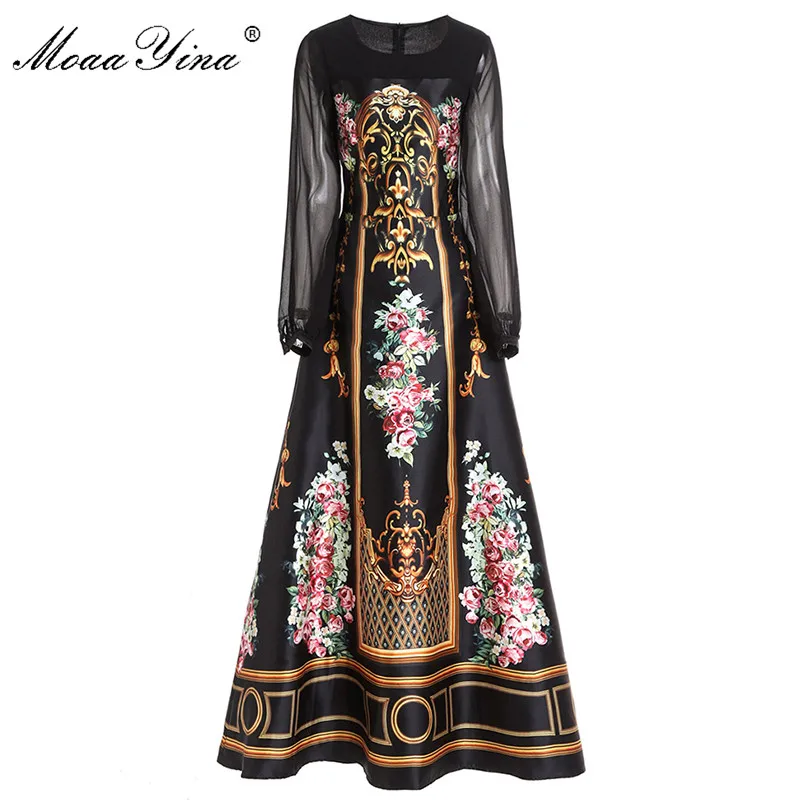 MoaaYina Fashion Designer dress Spring Women's Dress Long sleeve Vintage Floral-Print Black Maxi Dresses