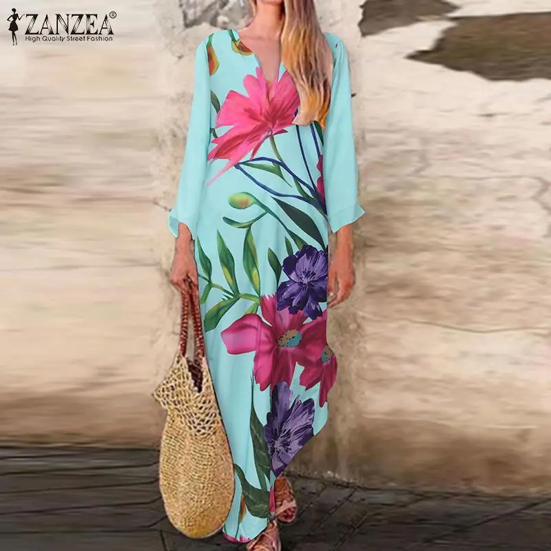 

Autumn Bohemian Floral Printed Sundress Women V Neck Long Sleeve Maxi Dress ZANZEA Casual Holiday Beach Long Vestidos Kaftan