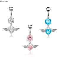 leosoxs 1 pcs new product angel wings feather belly button ring love heart shaped belly button piercing jewelry