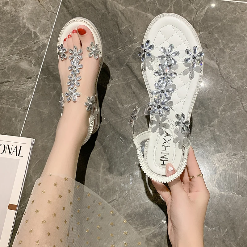 

Flat Sandal Shoe 2021 Summer All-Match Clear Heels Suit Female Beige Without Comfort Bohemian Elastic Band Low Girls Black Rhine