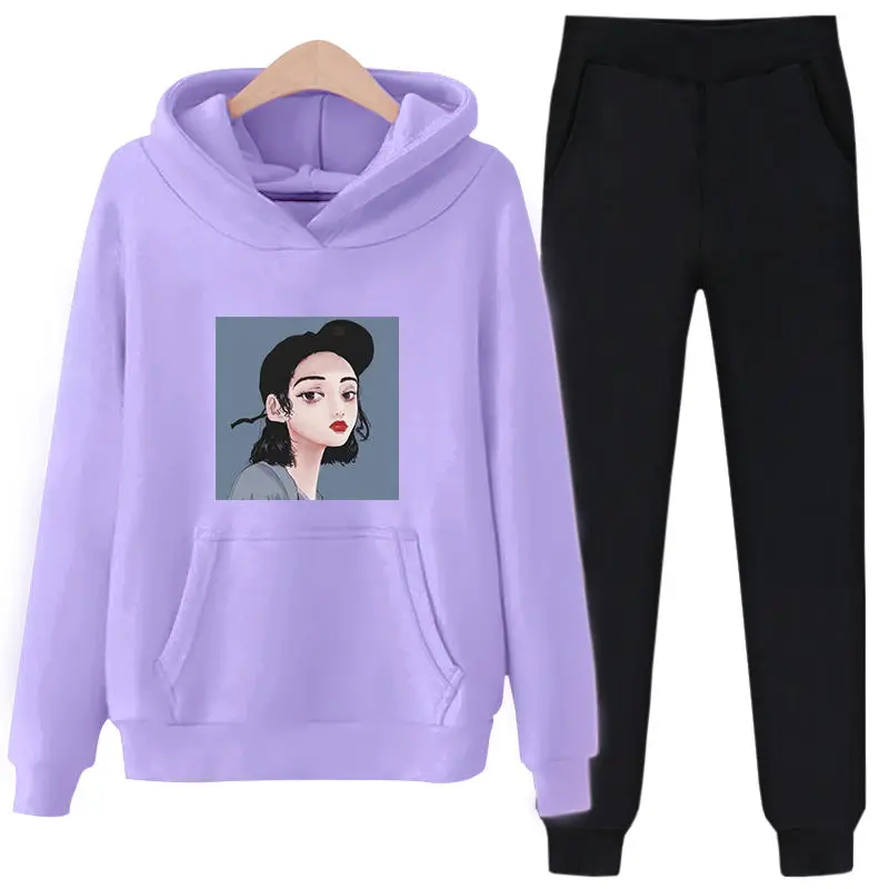 

Женский Повседневный Спортивный костюм, комплект из 2 предметов, спортивная одежда, топ с капюшоном и черные штаны с высокой талией, весна-ос...