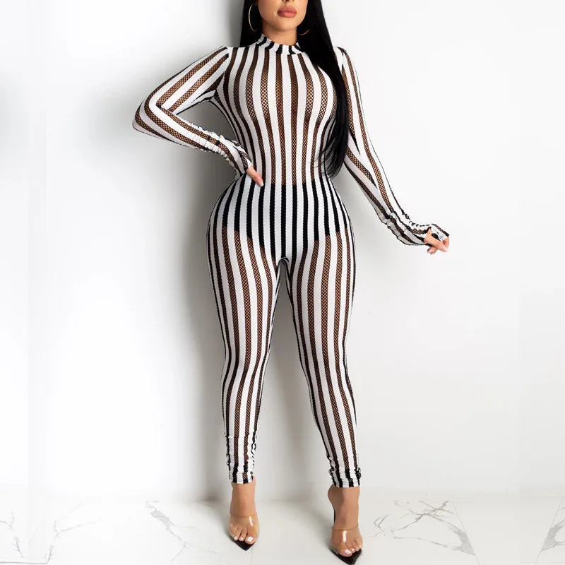 

Women's Striped Jumpsuit Crew Neck Long Sleeve Zipper See-Through Sexy Bodysuit Black White