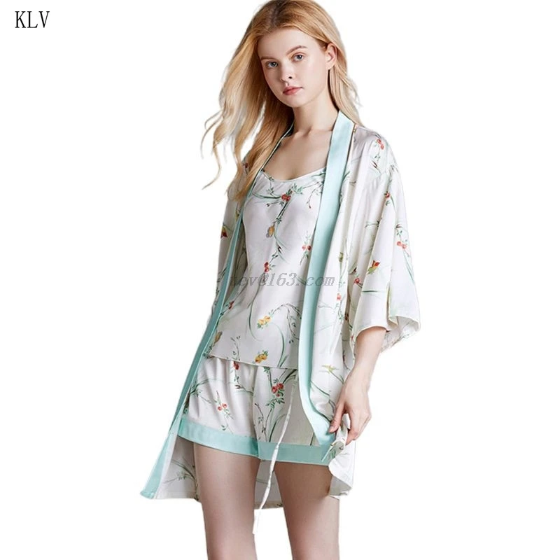 

Women Spring Imitation Silk Pajamas 3Pcs Set Fresh Style Floral Printed Camisole Loose Shorts Kimono Bath Robe Sleepwear