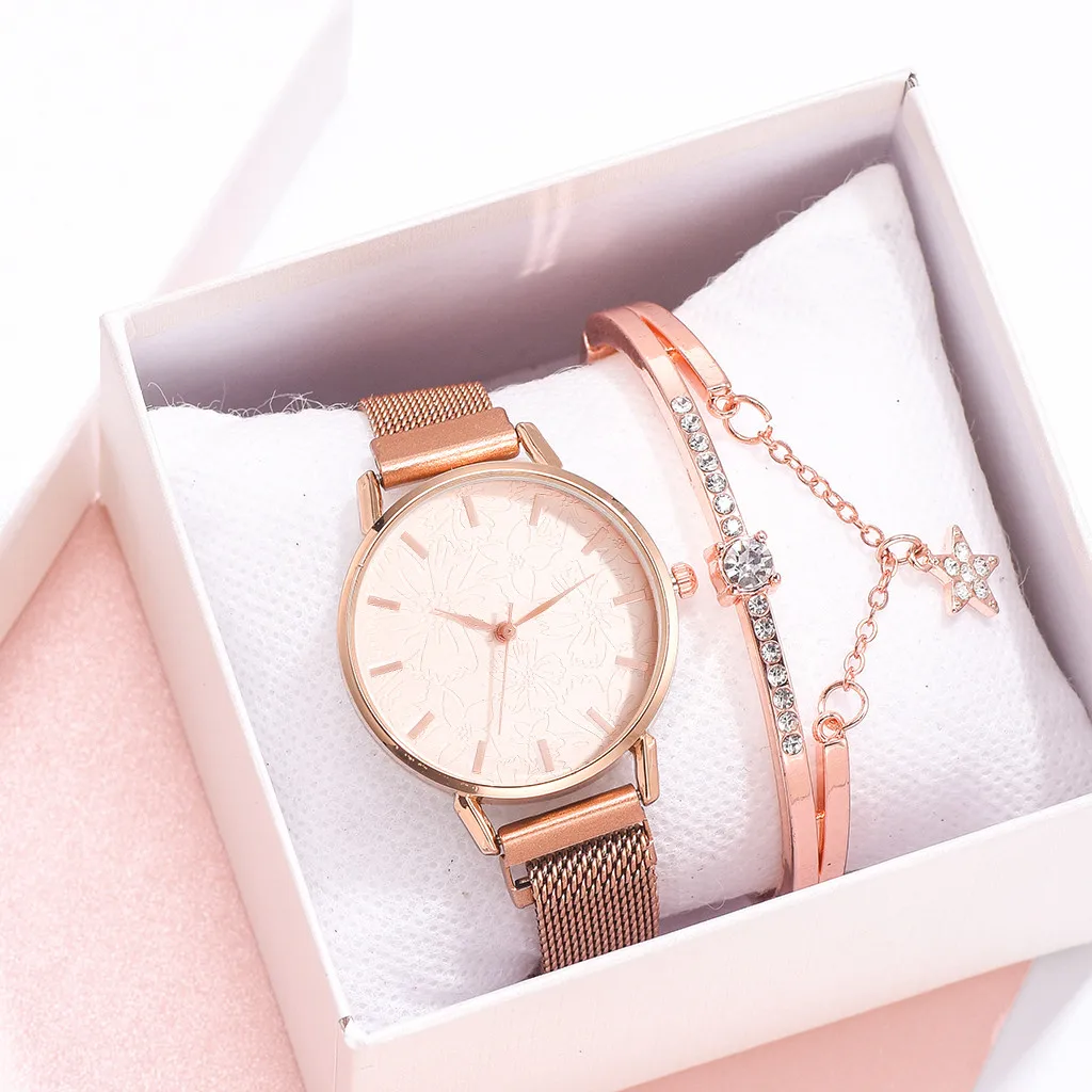 Модные женские часы из нержавеющей стали розовое золото женский браслет набор