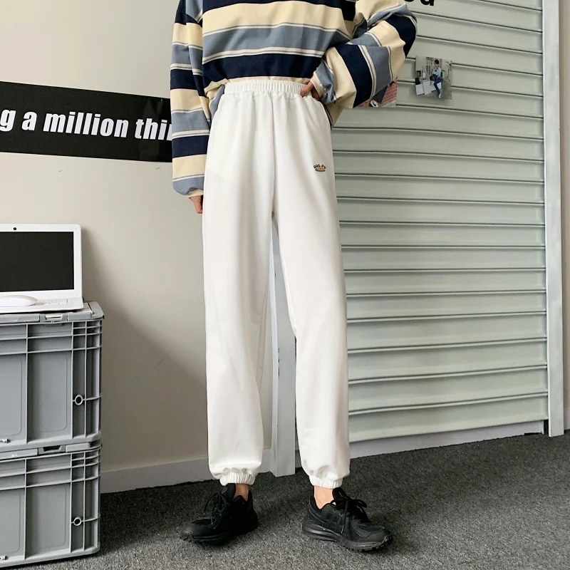 

Korean Style embroidery Harem Pants Joggers Women Casual Loose thin Sweatpants Fashion thin cotton white black Trousers Female