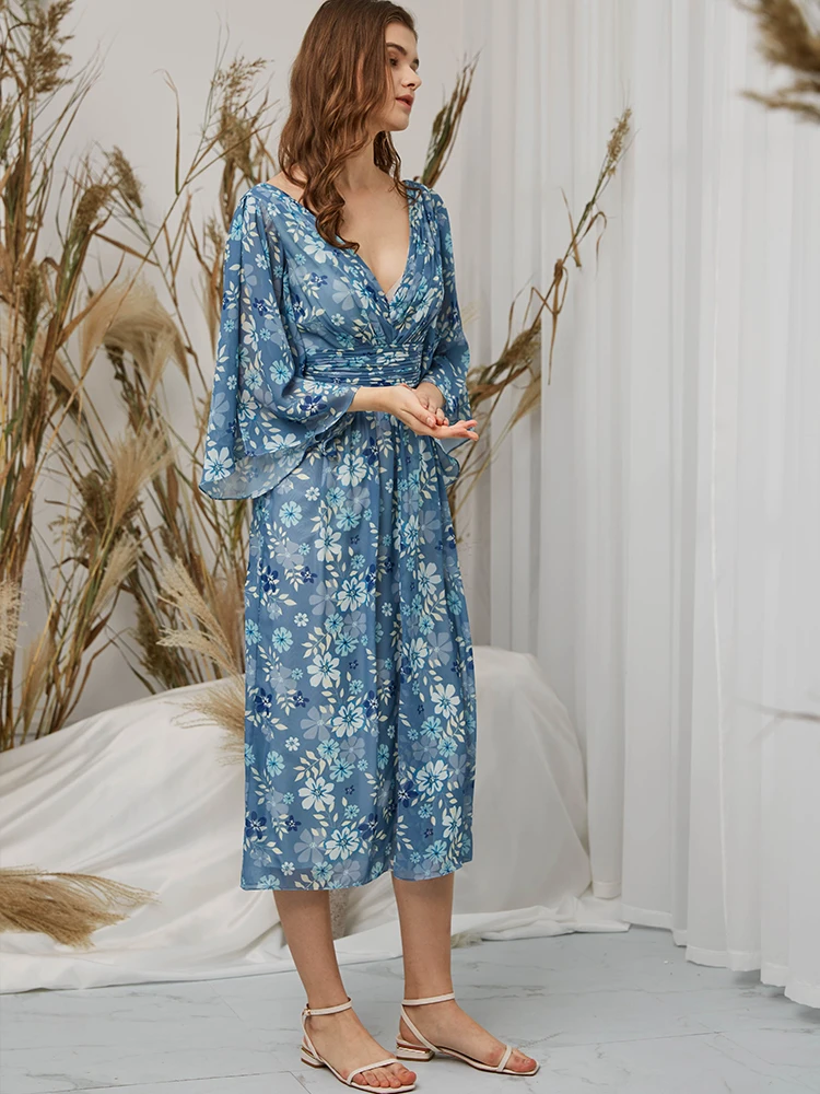 Женское платье средней длины с полурукавами и V-образным вырезом новый 2022 |