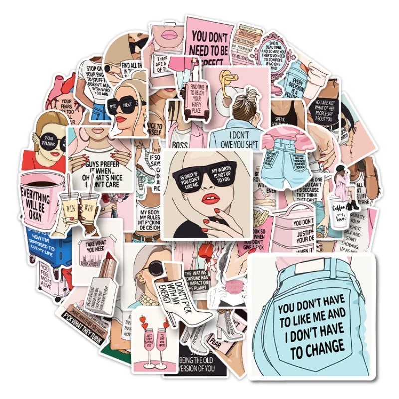 

50pcs NEW Text Mix and Match Stickers Korean Girl Cute Cartoon Girl Waterproof Mobile Phone Tablet Decoration Stickers Wholesale