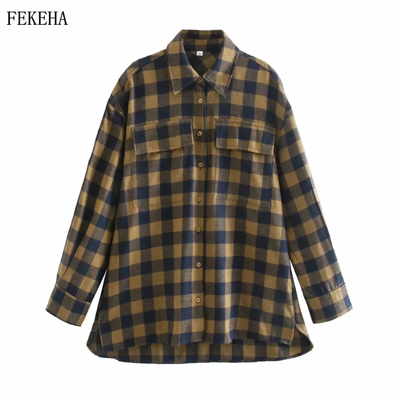 

Loose Plaid Shirts Womens Blouses Long Sleeve Checked Lady Tops Female Clothes Outwear Two Pockets Spring 2021 News
