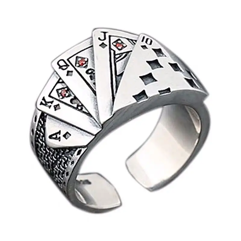 

2021 New Design Punk Straight Flush Poker Finger Ring Gambling Creative Good Luck Signet Rings For Men Women