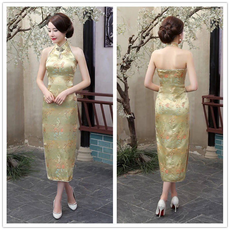 Color15 Женское сексуальное китайское традиционное Cheongsam Дракон и Феникс цветочное Qipao атласное платье на бретелях женское свадебное элегантное платье Ципао с разрезом - Цвет: Color15